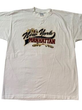 Vintage 90s New York City T Shirt XL White Graphic NYC Skyline Twin Towers
